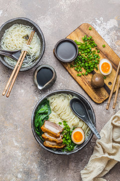 Two ramen nodles bowls, flat lay