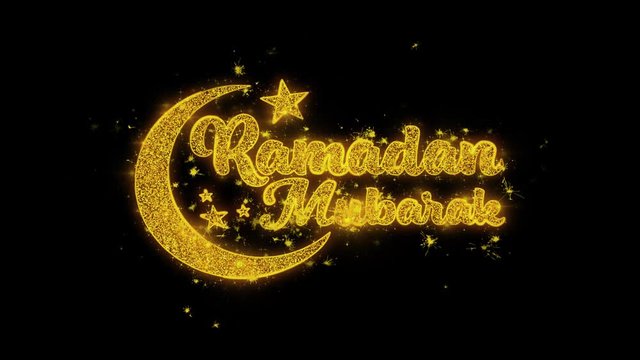 Ramadan Mubarak wish Text Sparks Glitter Particles on Black Background. Greeting card, Wishes, Celebration, Party, Invitation, Gift, Event, Message, Holiday, Festival 4K Loop Animation.