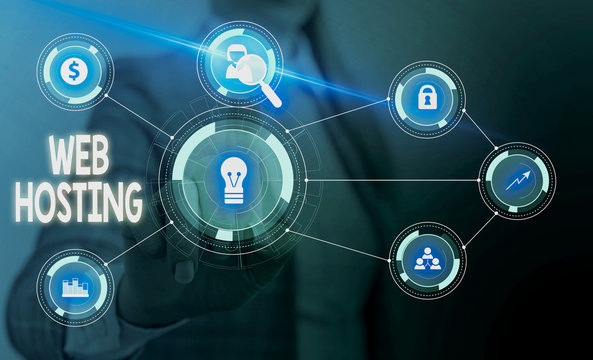 Text sign showing Web Hosting. Business photo showcasing The activity of providing storage space and access for websites Woman wear formal work suit presenting presentation using smart device