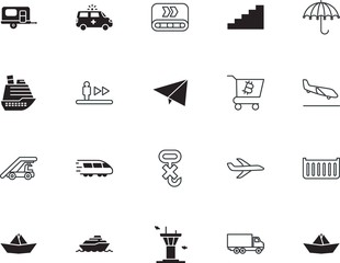 transport vector icon set such as: hospital, railroad, icons, rv, hook, support, way, mall, handle, healthy, landing, coin, road, emergency, mail, health, controller, arrivals, buy, repair, cart