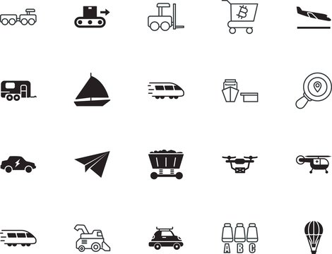 transport vector icon set such as: mining, arrivals, regatta, carriage, call, trailer, vessel, agriculture, opened, ambulance, paper, sail, lift, combine, tractor, green, resource, indoor