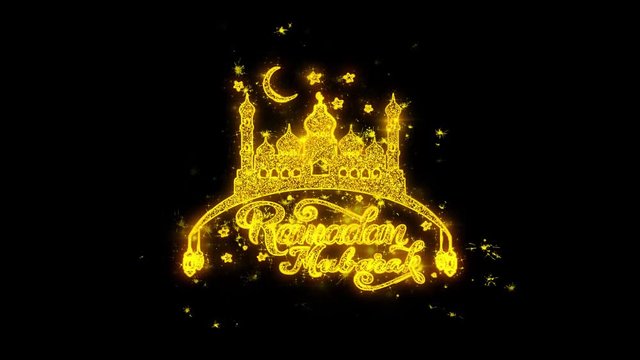 Ramadan Mubarak wish Text Sparks Glitter Particles on Black Background. Greeting card, Wishes, Celebration, Party, Invitation, Gift, Event, Message, Holiday, Festival 4K Loop Animation.