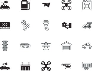 transport vector icon set such as: paper, process, clinic, line, mail, safety, tractor, semaphore, building, reservoir, thin, battery, assembly, pump, tower, group, trailer, shipment, order
