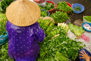 Woman in purple raincoat selling produce at Hoi An, Street Market, Vietnam