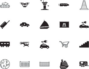 transport vector icon set such as: belt, rescue, planet, wheelbarrow, way, step, button, alert, truck, barrow, box, stairs, side, stairway, stair, attention, border, help, security, sphere, ambulance