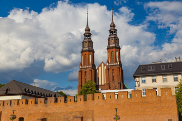 Opole city.  Poland. Fortress wall and Cathedral Basilica of the Holy Cross