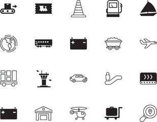 transport vector icon set such as: security, carriage, civil, warning, environmental, view, pump, paper, cone, cruise, escalators, sail, tower, down, up, resource, wave, trucking, search, treasure