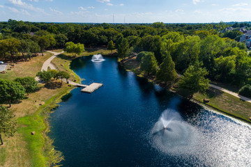 Aerial view of the pond at Wilshire Park in Euless