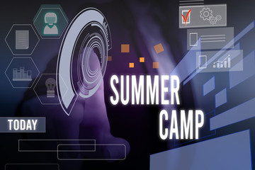 Conceptual hand writing showing Summer Camp. Concept meaning Supervised program for kids and teenagers during summertime. Woman wear work suit presenting presentation smart device