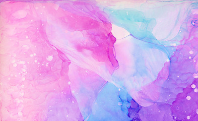 Naklejka na ściany i meble Ethereal fantasy light blue, pink and purple alcohol ink abstract background. Bright liquid watercolor paint splash texture effect illustration for card design, banners, modern graphic design