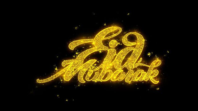 Eid Mubarak wish Text Sparks Glitter Particles on Black Background. Greeting card, Wishes, Celebration, Party, Invitation, Gift, Event, Message, Holiday, Festival 4K Loop Animation.