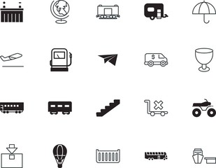transport vector icon set such as: airliner, shipment, sticker, battery, bike, stairs, continent, trolley, dry, success, wood, engine, takeoff, geography, floor, terminal, currency, buggy