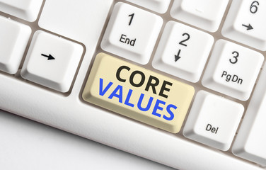 Text sign showing Core Values. Business photo showcasing belief demonstrating or organization views as being importance White pc keyboard with empty note paper above white background key copy space