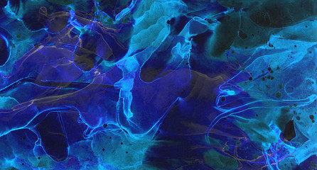 Ethereal bright dark blue alcohol ink neon abstract background. Modern deep glowing flow liquid watercolor paint splash texture effect illustration for card design, creative banners, graphic design.