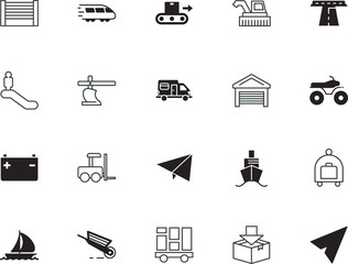 transport vector icon set such as: extreme, harvest, unit, atv, barrow, mobile, energy, retro, yachting, move, wagon, fast, dirt, heavy, break, drive, suitcase, automatic, walk, field, escalate, web