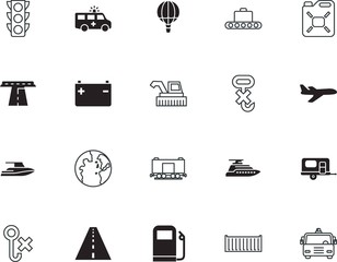 transport vector icon set such as: reservoir, wagon, plane, trailer, charge, luggage, nobody, crossroads, fun, camping, ambulance, merchandise, earth, infrastructure, rail, departure, emergency