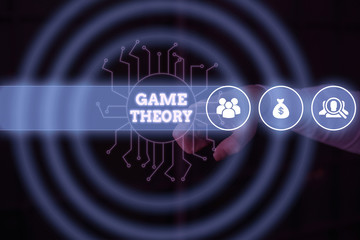 Conceptual hand writing showing Game Theory. Concept meaning branch of mathematics concerned with analysis of strategies Male wear formal suit presenting presentation smart device