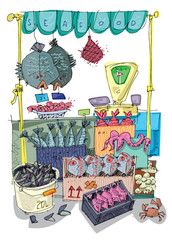 A cute seafood marketplace full of all kind of oceanic and sea food. Cartoon. Caricature.