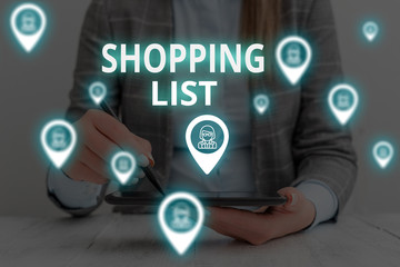 Text sign showing Shopping List. Business photo text Discipline approach to shopping Basic Items to Buy Woman wear formal work suit presenting presentation using smart device
