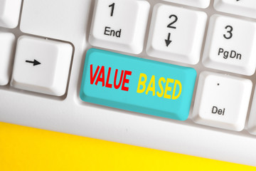 Word writing text Value Based. Business photo showcasing Considering the product worth in...