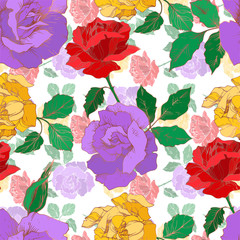 Vector rose floral botanical flowers. Black and white engraved ink art. Seamless background pattern.