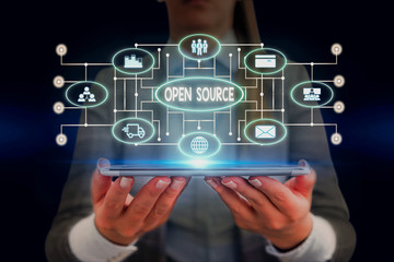Text sign showing Open Source. Business photo showcasing denoting software which original source...