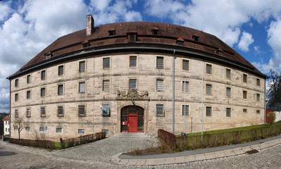 Fototapeta na wymiar Panoramic view of the old historical prison facade in Kronach city, Germany