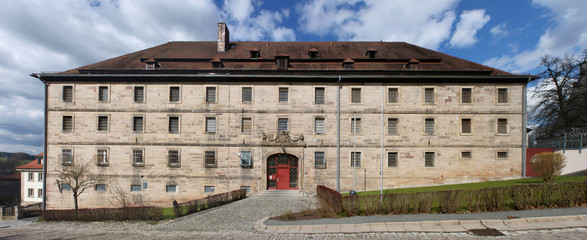 Panoramic view of the old historical prison facade in Kronach city, Germany
