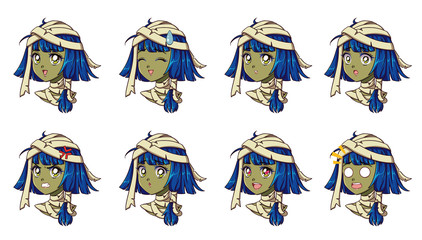 Halloween kawaii mummy girl with eight different face expression.