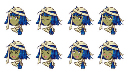 Halloween kawaii mummy girl with eight different face expression.