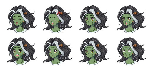 Halloween kawaii  zombie girl with eight different face expression. Retro 90s anime style hand draw vector illustration. Isolated on white background.