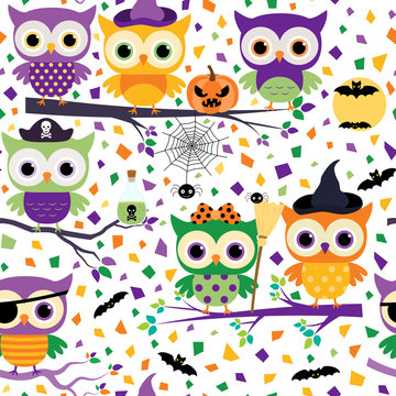 Cute vector seamless pattern with kawaii Halloween owls in orange, purple and green colors on tree branches with broom, pumpkin and spider