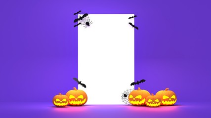 Scary halloween pumpkin with candle light inside. Flying Orange halloween pumpkins on purple, orange, and grey  background.Hholiday decoration. 3d render