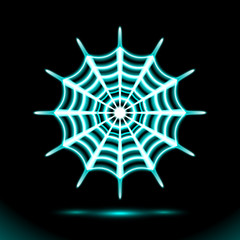 Obraz premium Spiderweb blue Neon lamp festive, Halloween Cobweb. Glowing silhouette sign, symbol for Holiday design on black background. Fluorescent, luminescent illumination illustration. Vector.