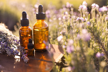 Bottles of lavender essential oil on wooden table in field. Space for text