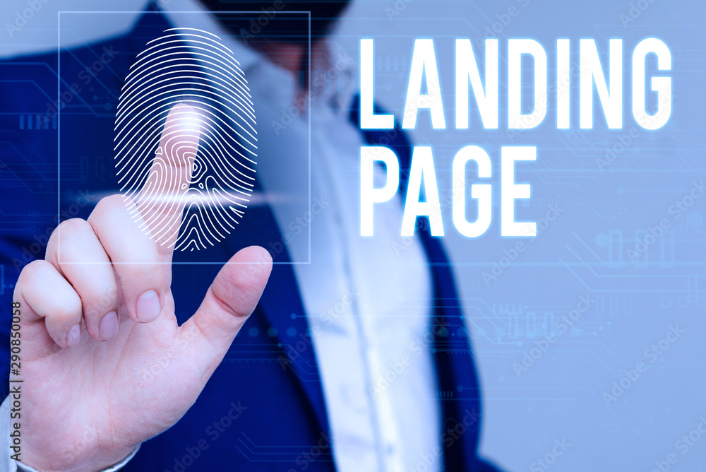 Aufkleber writing note showing landing page. business concept for website accessed by clicking a link on anoth