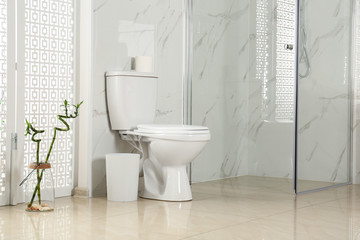Naklejka na ściany i meble Toilet bowl near shower stall in modern bathroom interior