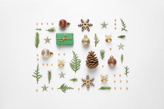 Flat lay composition with Christmas items on white background