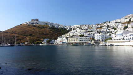 Fototapeta na wymiar Iconic castle of Astypalaia island and picturesque village as seen from old port of Yalos, Dodecanese, Greece