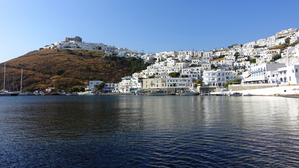 Fototapeta na wymiar Iconic castle of Astypalaia island and picturesque village as seen from old port of Yalos, Dodecanese, Greece