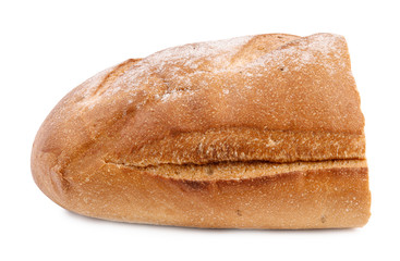 Cut loaf of fresh bread on white background