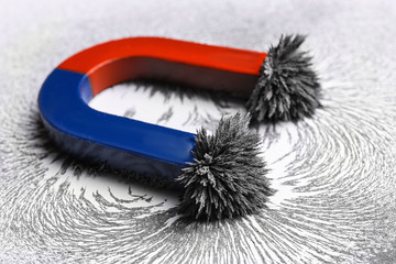 Red and blue horseshoe magnet with iron filings on white background - obrazy, fototapety, plakaty