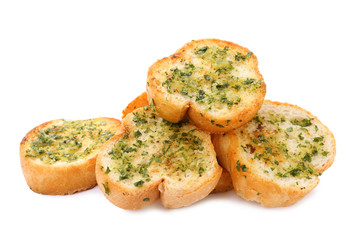 Slices of toasted bread with garlic, cheese and herbs on white background