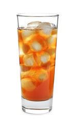 Glass of tasty iced tea on white background