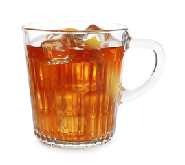 Glass cup of tasty iced tea with lemon on white background
