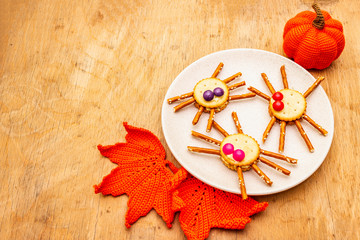 Funny kids food. Edible spiders, Halloween concept