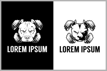 pitbull head with barbell or dumbbell vector logo template
