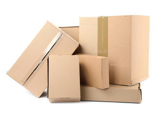 Pile of cardboard boxes on white background