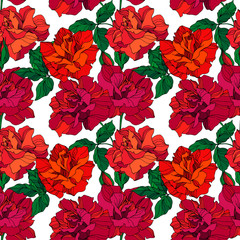 Vector Rose floral botanical flowers. Green and red engraved ink art. Seamless background pattern.