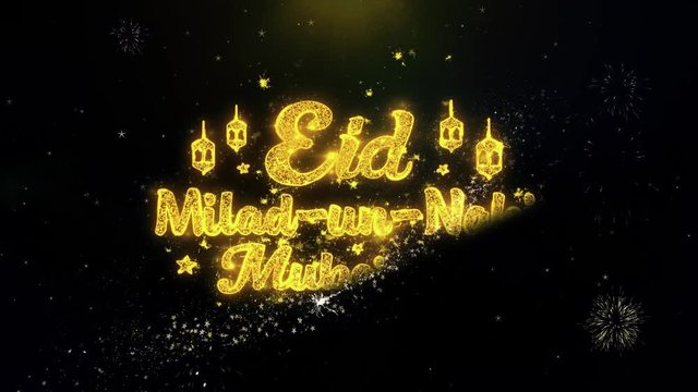 Eid Milad-un-Nabi Text Wish on Gold Glitter Particles Spark Exploding Fireworks Display. Greeting card, Wishes, Celebration, Party, Invitation, Gift, Event, Message, Holiday, Festival 4K Loop
